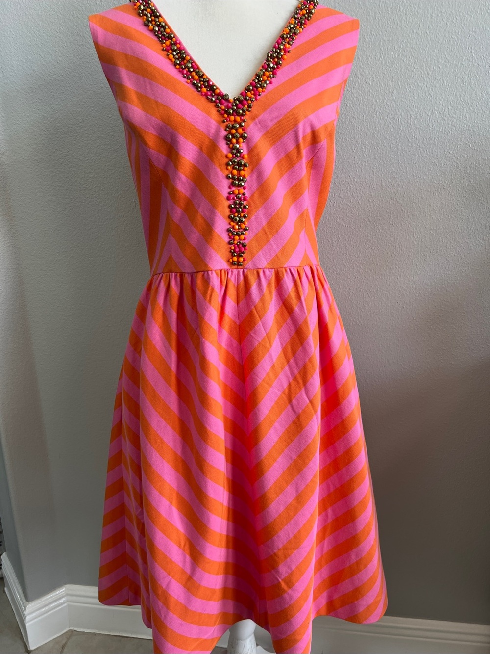 Lilly Pulitzer Beaded Chevron Stripe Silk Blend Fit Flare Dress PinkOrange Sz 14